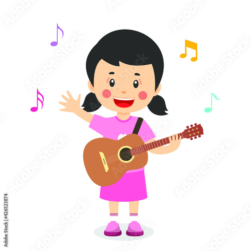 Cute Little Girl Play Guitar Concert Illustration