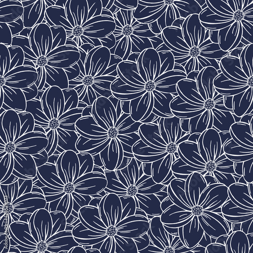 Monochrome Floral vector seamless Pattern Doodle style. Summer Hand drawn Botanical pattern. Nautical Marine look. 