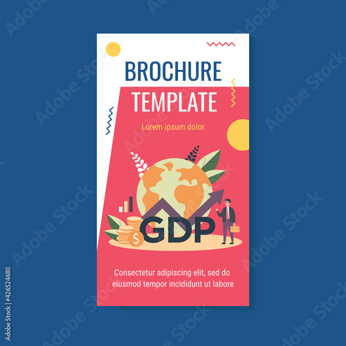 Happy businessman presenting gdp growth. Man in suit with growth chart, cash and globe. Vector illustration for gross domestic product rate, global economy, national budget, inflation concepts