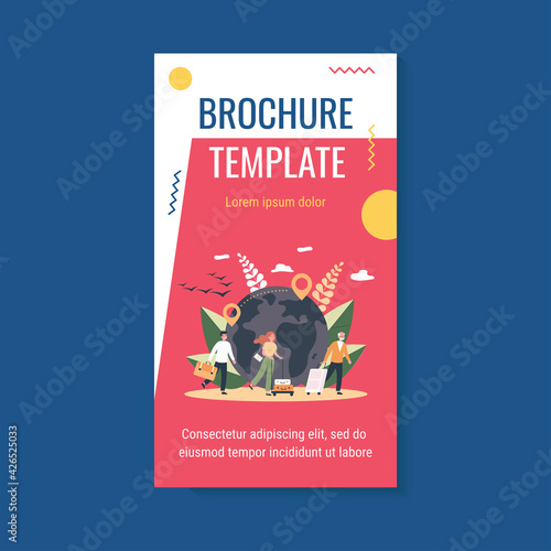 World travel concept. Queue of tourists and immigrants wheeling luggage, map with destination line and pointer in background. For international migration, tourism, vacation concept