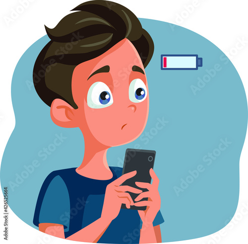Teen Boy with Low Battery Anxiety Vector Cartoon
