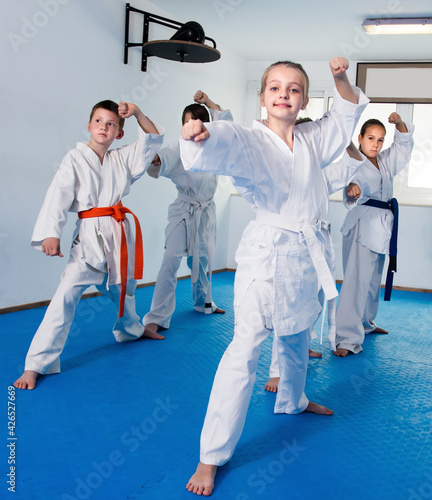 Group of children practicing karate moves at karate class