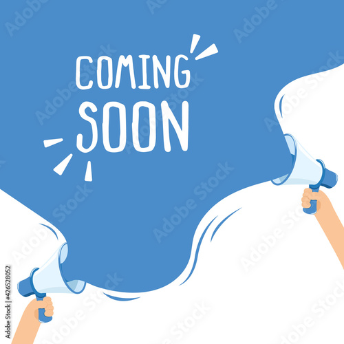 Template hands holding speakerphone with  white and blue background.