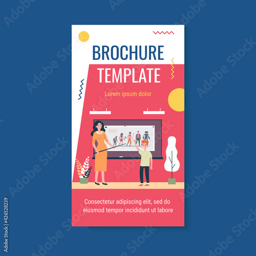 Pupil answering lesson to teacher near board. Boy, evolution, school flat vector illustration. Study and education concept for banner, website design or landing web page