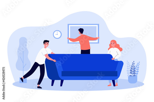 Happy people moving into new apartment or house. Couple moving sofa, friend hanging picture flat vector illustration. Moving, new home concept for banner, website design or landing web page