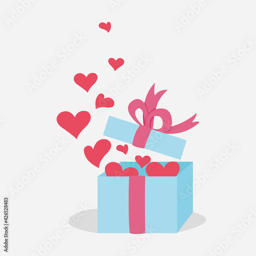 Banner gift box with red hearts, Surprise gift box concept.