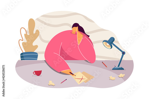 Young woman thinking of work. Female with clean sheet of paper on table, workplace flat vector illustration. Writer block, crisis, freelance concept for banner, website design or landing web page