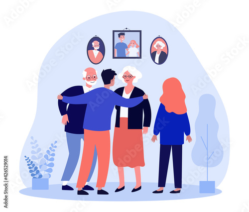 Siblings talking to parents in front of family portraits. Man hugging parents, happy family flat vector illustration. Family portraits, reunion concept for banner, website design or landing web page