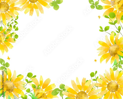watercolor sunflower‘s flower and botanical frame 