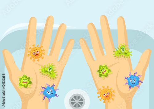 Cartoon angry virus or bacteria characters on dirty hands. Flat vector illustration. Funny infection bacteria, tiny microbes on unwashed hands above sink. Hygiene, health, disease concept