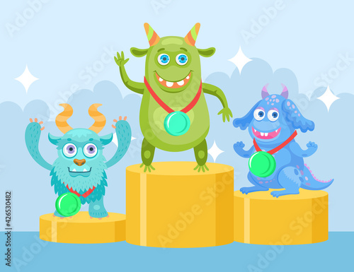 Cartoon funny monsters at championship flat vector illustration. Happy colorful creatures characters getting prize-winning places. Fairytale, halloween, magic animals concept for children design, apps
