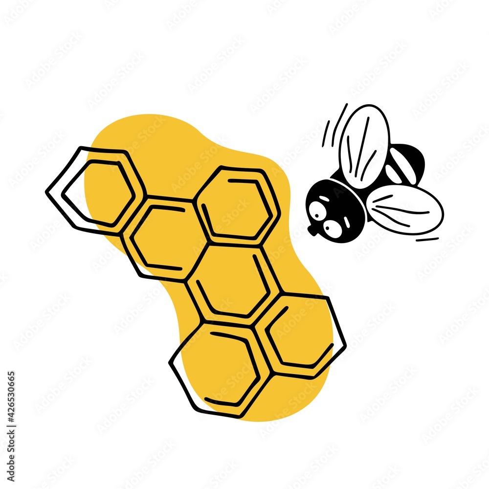 Obraz premium Hand-drawn, contour, vector illustration on an isolated background. Cartoon plait flies around the honeycomb, collects honey. Drawing for a sticker, decorative print, background element, poster.