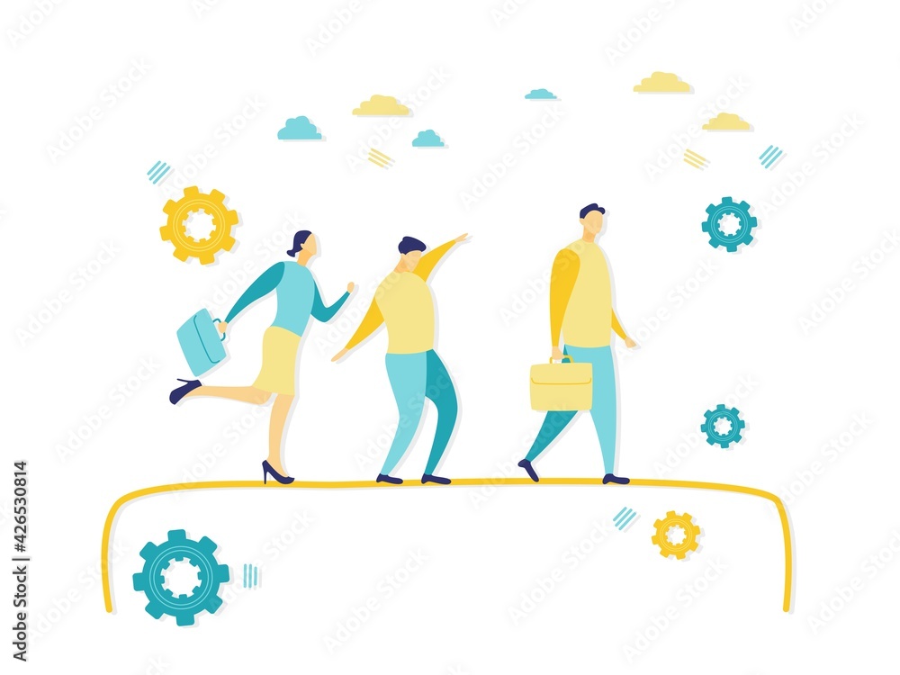 Flat illustration of business people walking on tight rope. Simple flat illustration with blue and yellow. Business and finance concepts. Flat illustration of business people walking on tight rope. Simple flat illustration with blue and yellow. Business and finance concepts.