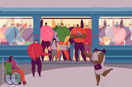 Disabled woman squeezing into overcrowded train. Crowd of people in metro flat vector illustration. Overpopulation, rush hour, public transport concept for banner, website design or landing web page