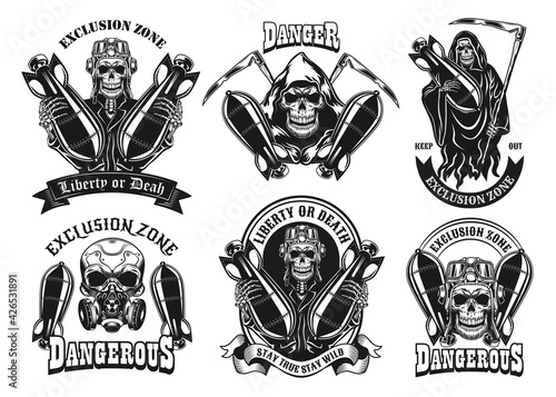 Vintage badges with skeleton and bombs vector illustration set. Monochrome labels with skeletons holding dangerous weapon. War and death concept can be used for retro template