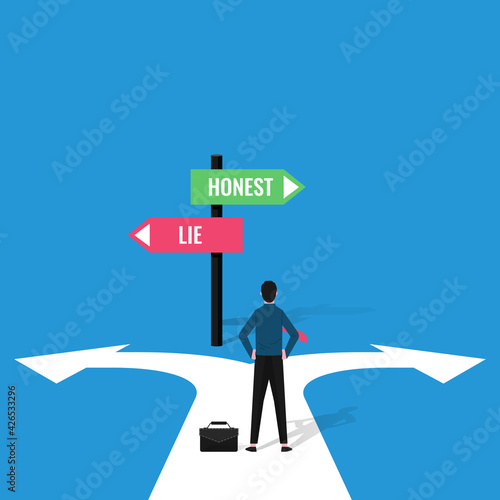 Businessman decision concept with signs of honest and lie vector illustration.