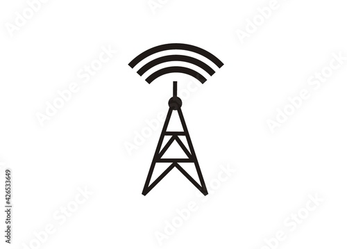 Antenna tower with signal. Simple illustration in black and white.