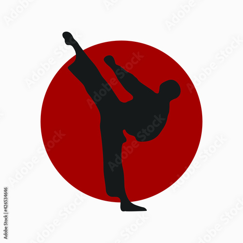 An vector silhouette of karate kick. Martial art vector illustration. Japanese rising sun.