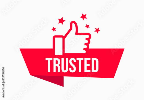 Trusted label icon. Vector illustration. Red vector banner with thumbs up and stars.
