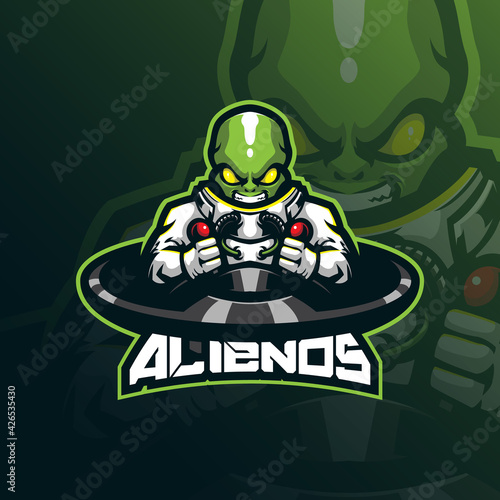 alien mascot logo design vector with modern illustration concept style for badge, emblem and tshirt printing. smart alien illustration with ufo.