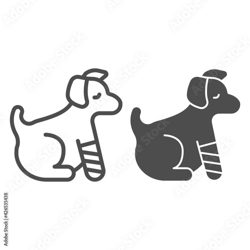 Puppy with bandaged paw line and solid icon, animal hospital concept, Dog with an injured leg sign on white background, Pet with wounded paw in bandage icon in outline style. Vector graphics.