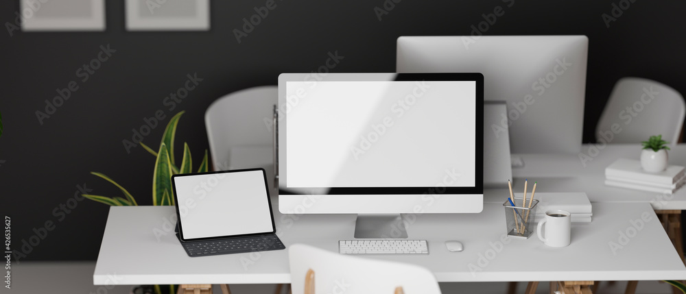 3D rendering, interior office design with two office desk opposite each other with computer devices and office supplies 3D rendering, interior office design with two office desk opposite each other with computer devices and office supplies