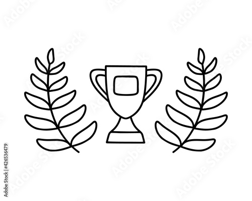Outline horizontal image of trophy cup with sprigs of laurel. Black doodle icon. Hand drawn simple illustration for winner prize. Linear isolated vector on white background