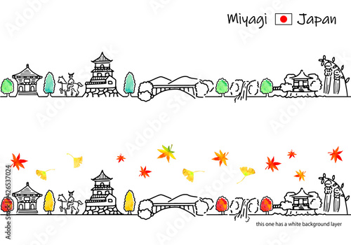 秋の宮城県の観光地の街並みシンプル線画セット