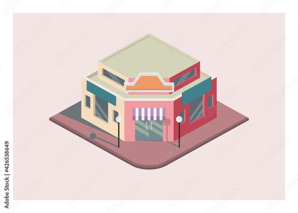Fototapeta premium Corner shop building. Simple illustration in isometric view