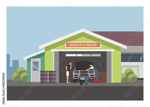 Activity in a car workshop building. Simple illustration.