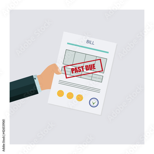 Past due, unpaid, overdue or bill. A businessman's hand holds an expense document with a deferred payment.Debt or past purchase notice. Financial data and red stamp. Vector