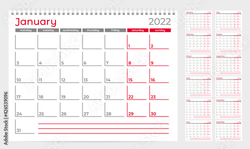 Calendar planner template 2022. Week start from Monday. Set of 12 Months. Ready for print. Vector Illustration