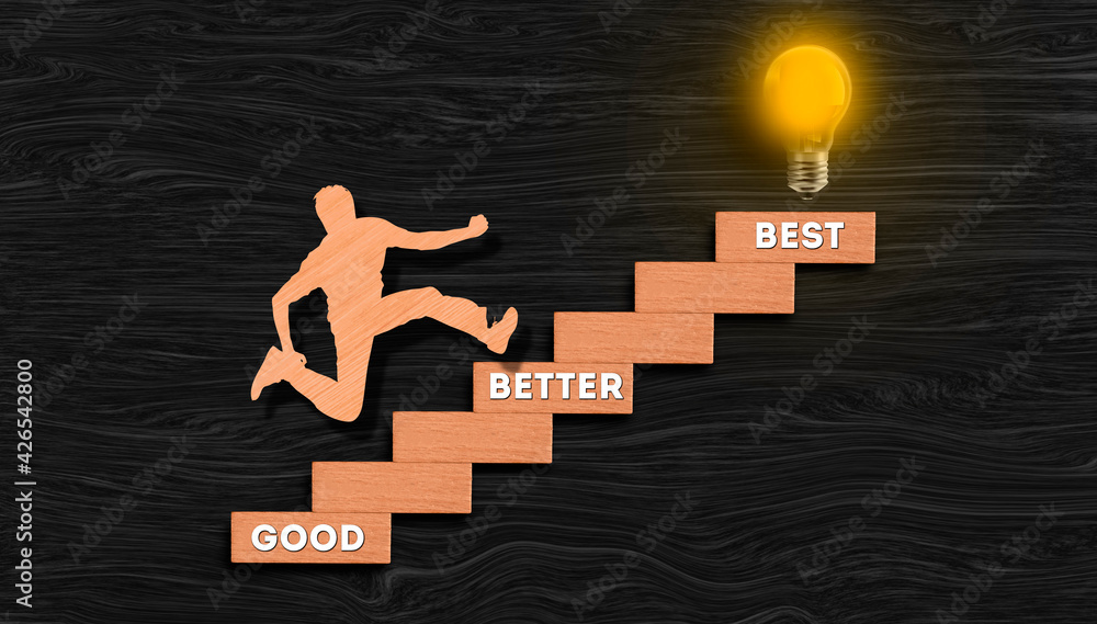 Good Better Best, businesswoman climbing stair graph with glowing bulb ...