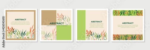 Floral line art greeting cards with boho style. Trendy abstract square Winter Holidays art templates. Suitable for social media post, mobile apps, banner design and web/internet ads.