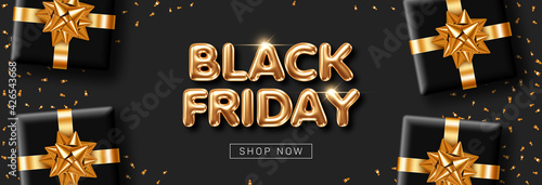 Black Friday sale banner with 3d golden letters and gift boxes on black background
