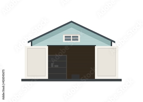 Opened empty wooden garage. Simple flat illustration.