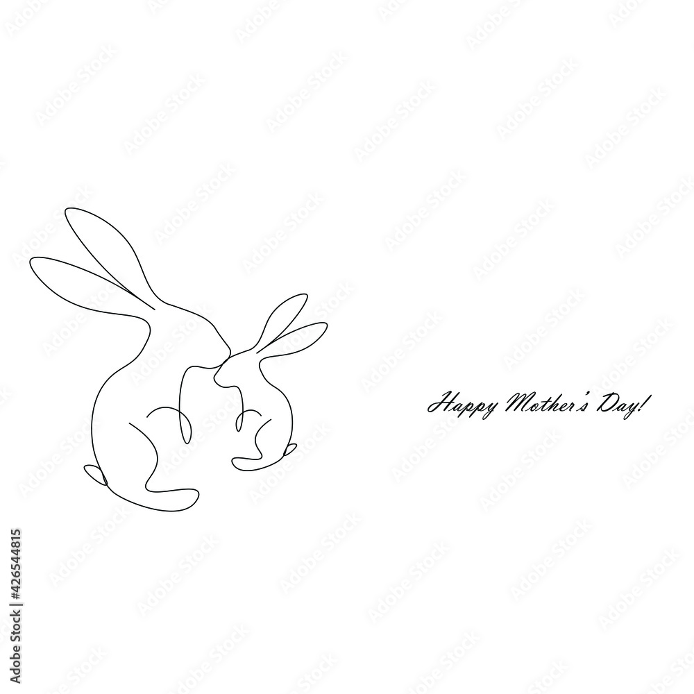 Fototapeta premium Happy mother's day card with bunny animal line drawing, vector illustration