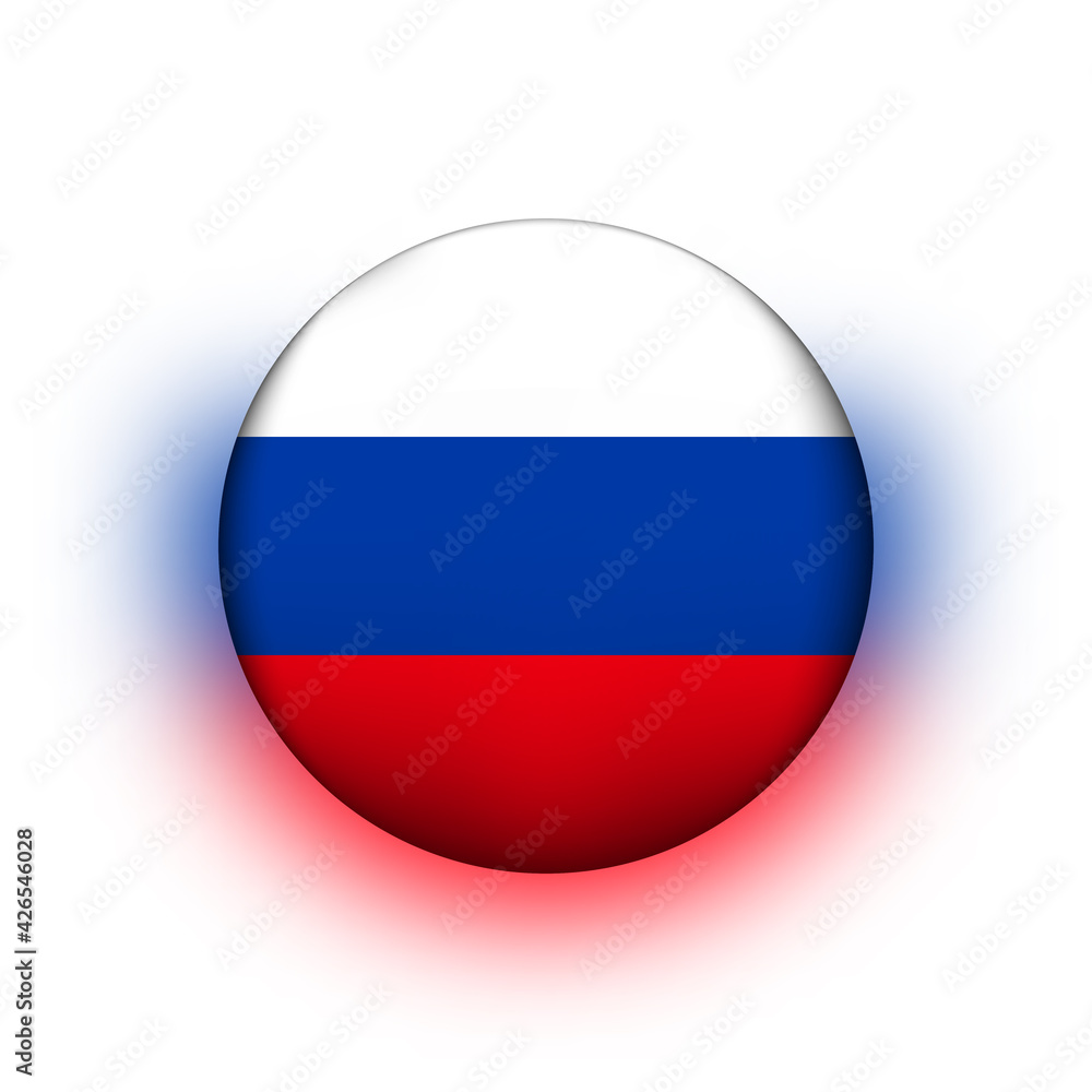 Glass light ball with flag of Russia. Round sphere, template icon. Russian national symbol. Glossy realistic ball, 3D abstract vector illustration highlighted on a white background. Big bubble Glass light ball with flag of Russia. Round sphere, template icon. Russian national symbol. Glossy realistic ball, 3D abstract vector illustration highlighted on a white background. Big bubble