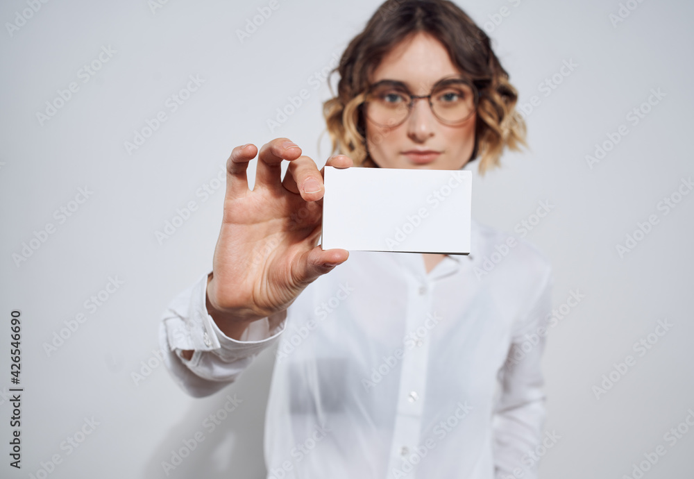 Woman in light shirt show mockup business card Woman in light shirt show mockup business card
