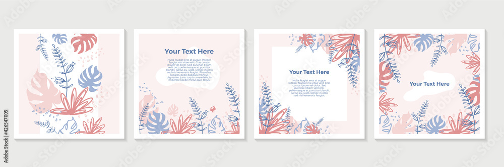Obraz Universal floral template design with boho art style. Suit for Birthday floral card set, posters, and social media background. Greeting card with soft pastel rustic color. Vector illustration.