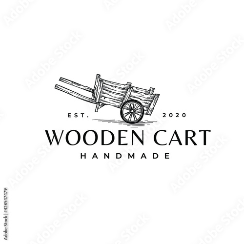 Vintage Wooden Cart Drawing Logo Illlustration Template Vector