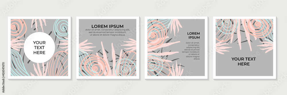 Abstract trendy universal artistic background templates with floral line art and boho rustic pastel color. Good for cover, invitation, banner, placard, brochure, poster, card, flyer and other.