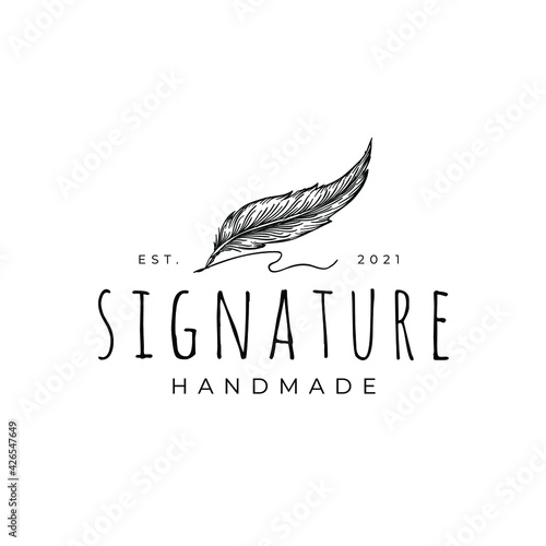 Feather Pen Signature Hand Drawing Logo Illustration Design Vector Template 