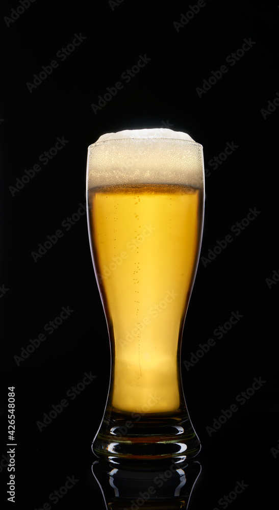 pint of lager beer with a black background and black reflective surface. copy space for advertising.