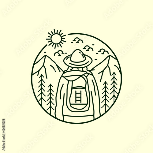 a climber who climbs the mountain in mono line art, patch badge vector, T-shirt Design vector