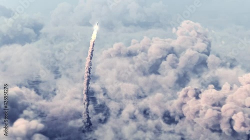 Combat nuclear missile takes off through the clouds. 3d animation