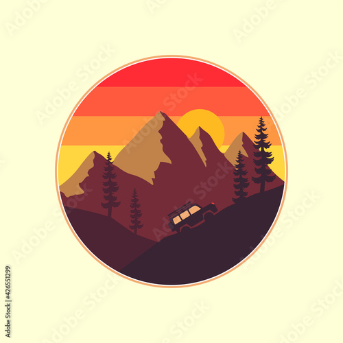 illustration of an adventurous off-road car against a mountainous backdrop