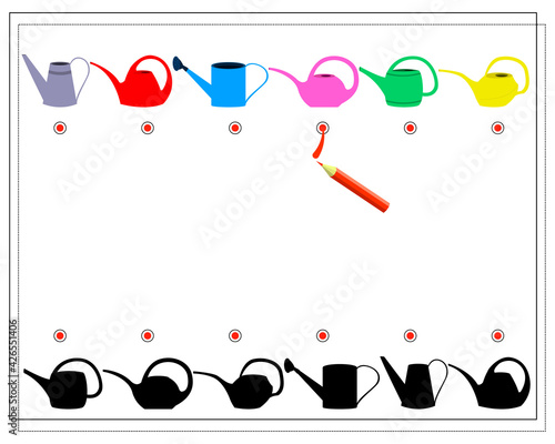 Children s puzzle game find the right shadow. Find the right shade for the watering can. Gardening harvest, watering can Vector isolated on a white background.