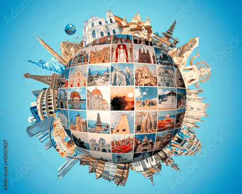World religious and architecture monuments- collage or globe from different religions from Asia, Africa and Europe.