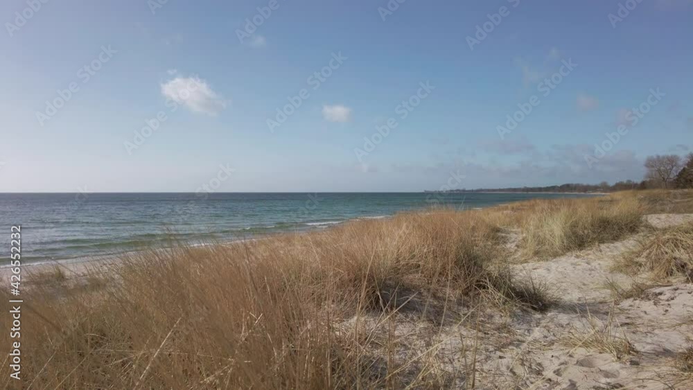 A wonderful day at the Mossbystrand with the waving sea from the view of the charming sandy beach while the grass is swaying in the light wind A wonderful day at the Mossbystrand with the waving sea from the view of the charming sandy beach while the grass is swaying in the light wind